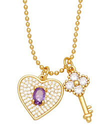Fashion Purple Brass Diamond Heart Key Necklace