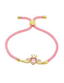 Fashion Pink Braided Braided Bracelet With Braided Heart Diamond Wings In Brass