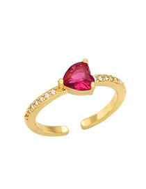 Fashion Rose Red Brass Set Heart Zirconium Open Ring