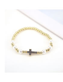 Fashion Navy Blue Copper Gold Plated Pearl Beaded Diamond Cross Bracelet