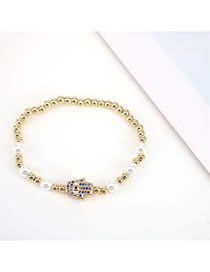 Fashion Navy Blue Brass Gold Plated Pearl Beaded Diamond Palm Eye Bracelet