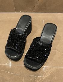 Fashion Black Square Head Sequined High Heel Slippers