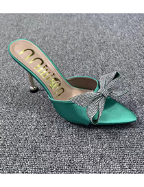 Fashion Green Satin Pointed Bow Rhinestone Stiletto Slippers