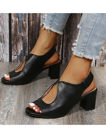 Fashion Black Pu Round Toe Chunky Heel Hollow Sandals