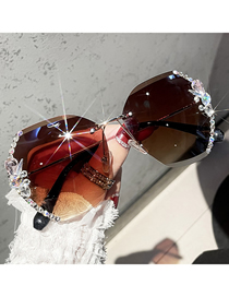 Fashion Gradient Coffee Alloy Diamond Large Square Frame Sunglasses