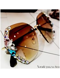 Fashion Gradient Tea Alloy Diamond Large Frame Sunglasses