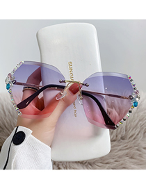 Fashion Blue On Top And Powder On Bottom Alloy Diamond Large Frame Sunglasses