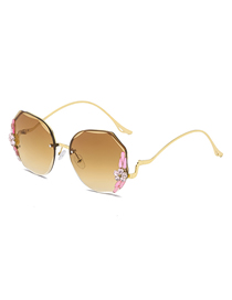 Fashion (coffee) Crystal Flower Alloy Diamond Large Frame Sunglasses