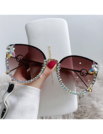 Fashion Brown Diamonds Alloy Diamond Large Frame Sunglasses