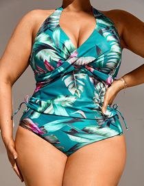 Fashion Green Polyester Print V-neck One Piece Swimsuit