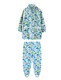 Fashion 10 Blue And Green Dinosaurs Blend Printed Stand Collar Hooded Jacket Trousers Set