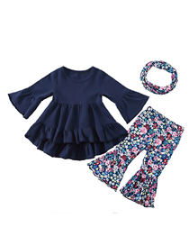 Fashion 11 Navy Blue Flowers Cotton Solid Color Flared Sleeve Top + Printed Fishtail Pants Set