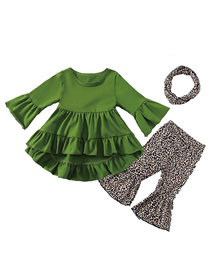 Fashion 16 Green Leopard Print Cotton Solid Color Flared Sleeve Top + Printed Fishtail Pants Set