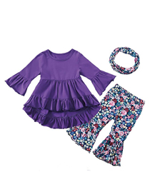 Fashion 19 Purple Flowers Cotton Solid Color Flared Sleeve Top + Printed Fishtail Pants Set