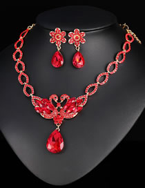 Fashion Red Geometric Drop Diamond Flower Stud Necklace Set