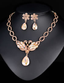 Fashion Champagne Geometric Drop Diamond Flower Stud Necklace Set