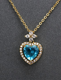 Fashion Blue Brass Diamond Faceted Heart Necklace