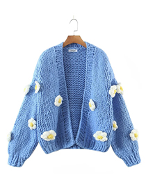 Fashion Blue Acrylic Hand-knit Floral Jacket