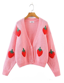 Fashion Pink Deer Plush Knit Strawberry Cardigan Sweater