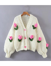 Fashion Creamy-white Acrylic Knit Floral Cardigan Sweater