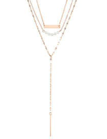 Fashion Rose Gold Titanium Steel Square Pearl Multilayer Necklace