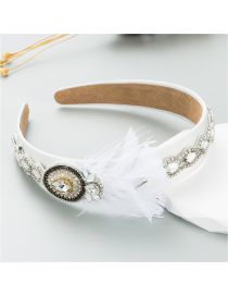 Fashion White Fabric Diamond-encrusted Feather Wide-brimmed Headband