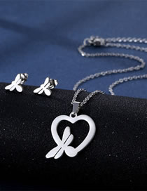 Fashion Dragonfly Titanium Steel Heart Dragonfly Stud Necklace Set