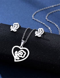 Fashion Love-5 Titanium Steel Heart Flower Stud Necklace Set