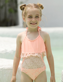Fashion Pink Polyester Lace Cutout Show Kids Back One Piece Swimsuit