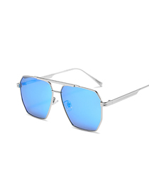 Fashion Silver Frame Ice Blue Sheet Alloy Double Bridge Large Frame Sunglasses