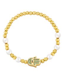 Fashion Green Brass Gold Plated Pearl Beaded Diamond Palm Eye Bracelet