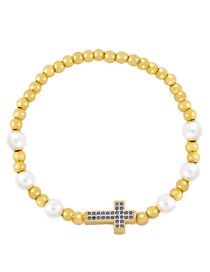Fashion Blue Brass Gold Plated Beaded Diamond Cross Bracelet