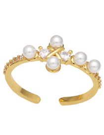 Fashion B Brass Diamond Pearl Open Ring