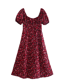 Fashion Red Chest Drawn Square Neck Slit Print Dress