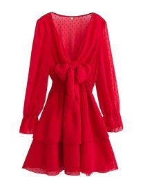 Fashion Big Red Chiffon Layered V-neck Knotted Dress