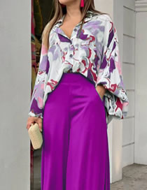 Fashion Purple Blend Printed Lapel Shirt High Waist Wide Leg Pants Set