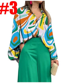 Fashion #3 Color Circle Blend Printed Lapel Shirt High Waist Wide Leg Pants Set