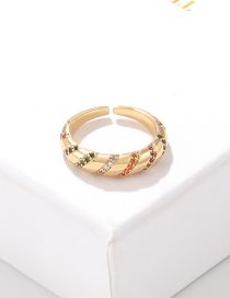 Fashion Diagonal Stripe Colored Zircon Ring Bronze Zirconium Geometric Open Ring