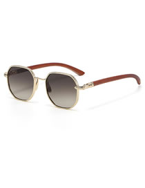Fashion Golden Tea Grey Pc Round Frame Wood Grain Large Frame Sunglasses