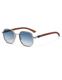 Fashion Silver Blue Pc Round Frame Wood Grain Large Frame Sunglasses
