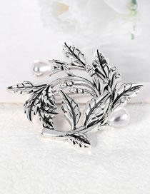 Fashion Silver Alloy Set Pearl Geometric Leaf Brooch