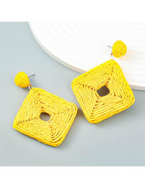 Fashion Yellow Cutout Square Braided Raffia Stud Earrings