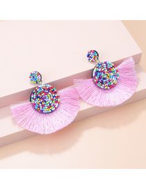 Fashion Pink Rice Bead Braided Tassel Round Stud Earrings