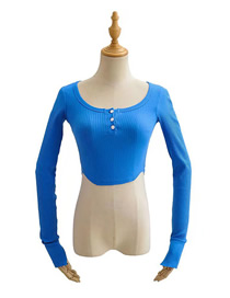 Fashion Blue Cotton Buttoned Curved Hem Long Sleeve Top  Cotton