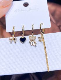Fashion Gold Bronze Zirconium Bear Bow Drip Oil Heart Earrings Set