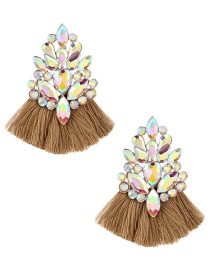 Fashion Ab Color + Khaki Alloy Diamond Water Drop Leaf Tassel Stud Earrings