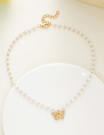 Fashion Gold Alloy Diamond Butterfly Pearl Beaded Necklace