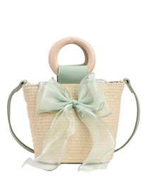 Fashion Green Wooden Handle Straw Bag Bow Large Capacity Tote Bag