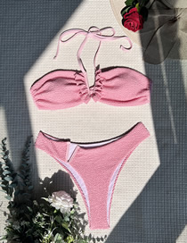 Fashion Pink Nylon Wavy Halterneck Lace-up Swimsuit