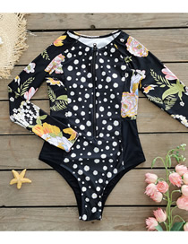 Fashion Black Daisy Polyester Print Zip Long Sleeve One Piece Swimsuit